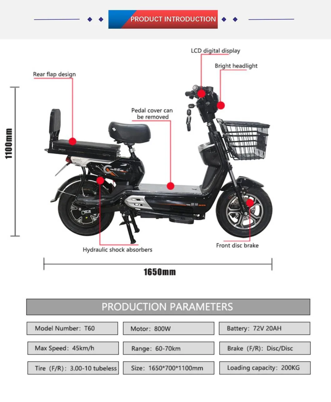 Black Red Yellow Colour Optional Electric Motorcycle Electric Scooter for Adult